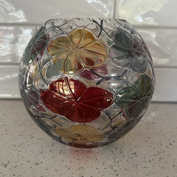 Hand Blown Clear Glass Bohemia Vase Made in Czech 6" Tall Hand Painted Flowers - Picture 4 of 8